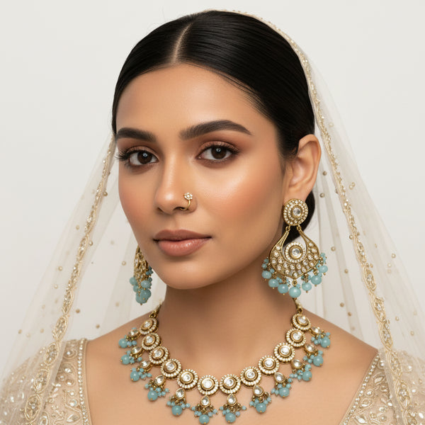 Alonseh- baby blue kundan and polki necklace set