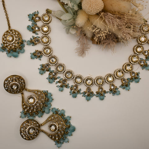 Alonseh- baby blue kundan and polki necklace set