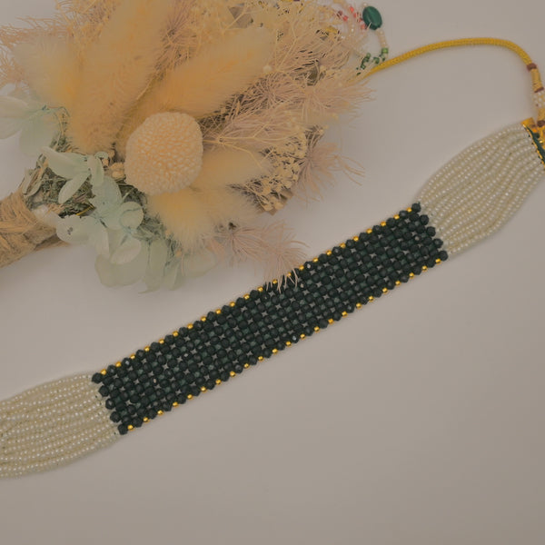 Rushab- choker with ivory and bottle green sparkly beads