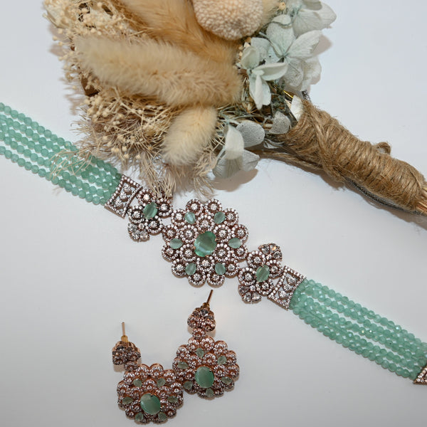 JAIDA- Rose gold polished CZ and crystal bead choker set with stunning earrings in sea green