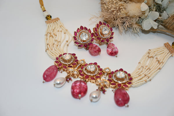 ELARA- vibrant kundan choker and earrings with semi-precious stone