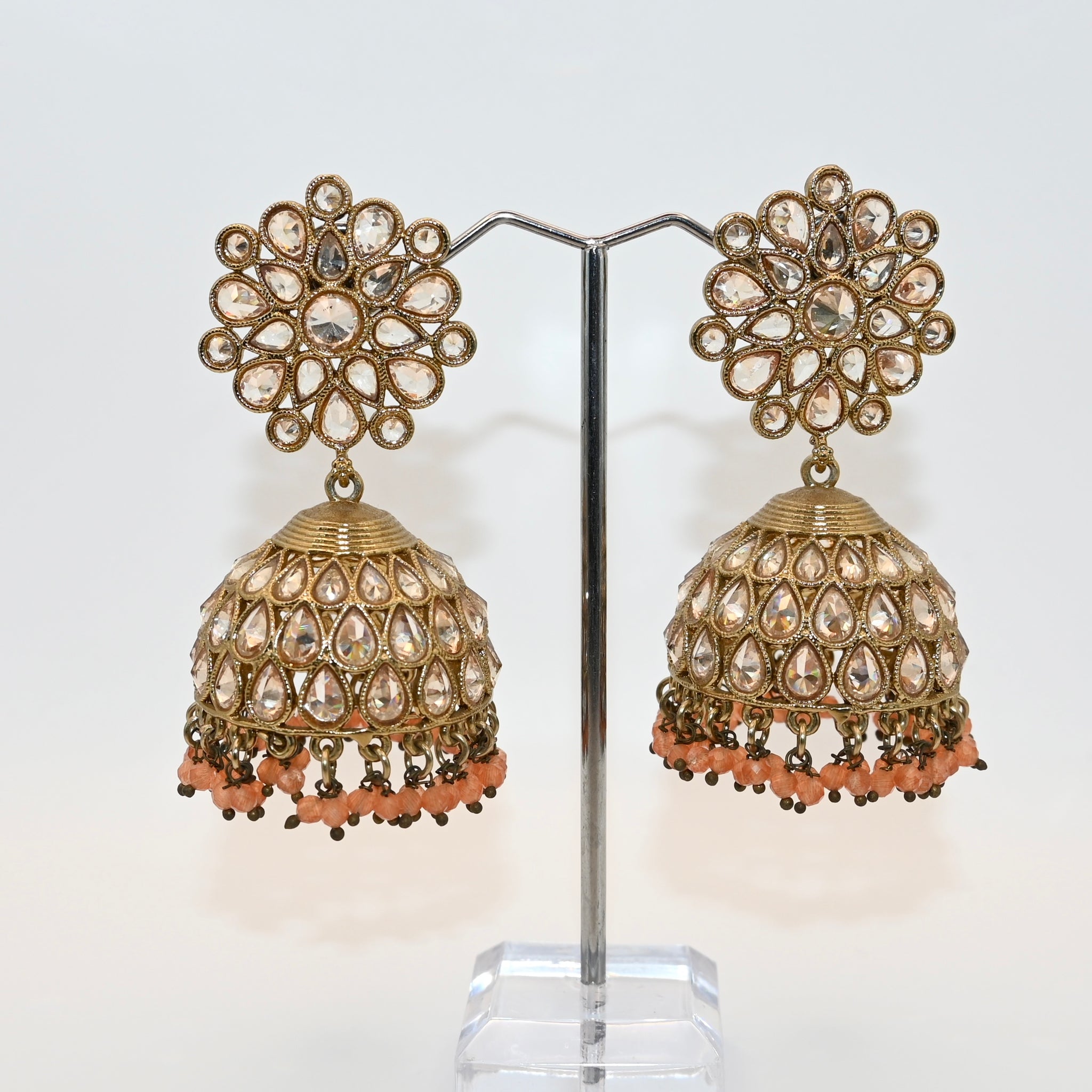 NAINA- peach stone and mehndi coloured jhumka earrings