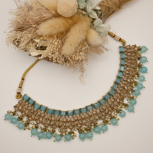 JANNAH striking blue polki set with earrings and mangtika