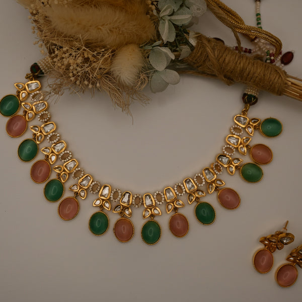 CYPRA- mint and pink stone necklace set