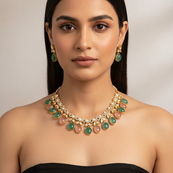 CYPRA- mint and pink stone necklace set