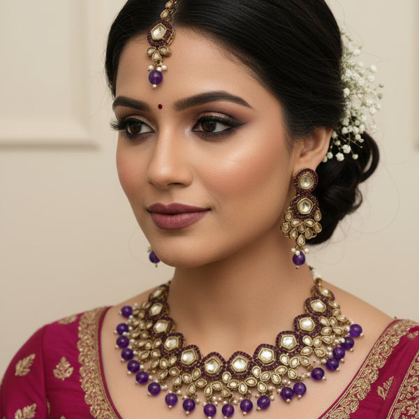 CYENA- purple and maroon set with matt kundan look and polki stones