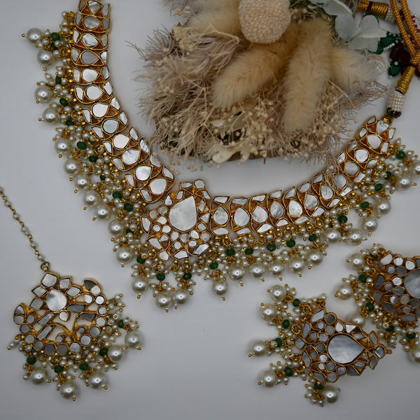 LOUVE- gold plated mother of pearl semi precious necklace set with matching mangtika and earrings