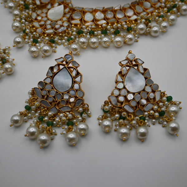 LOUVE- gold plated mother of pearl semi precious necklace set with matching mangtika and earrings