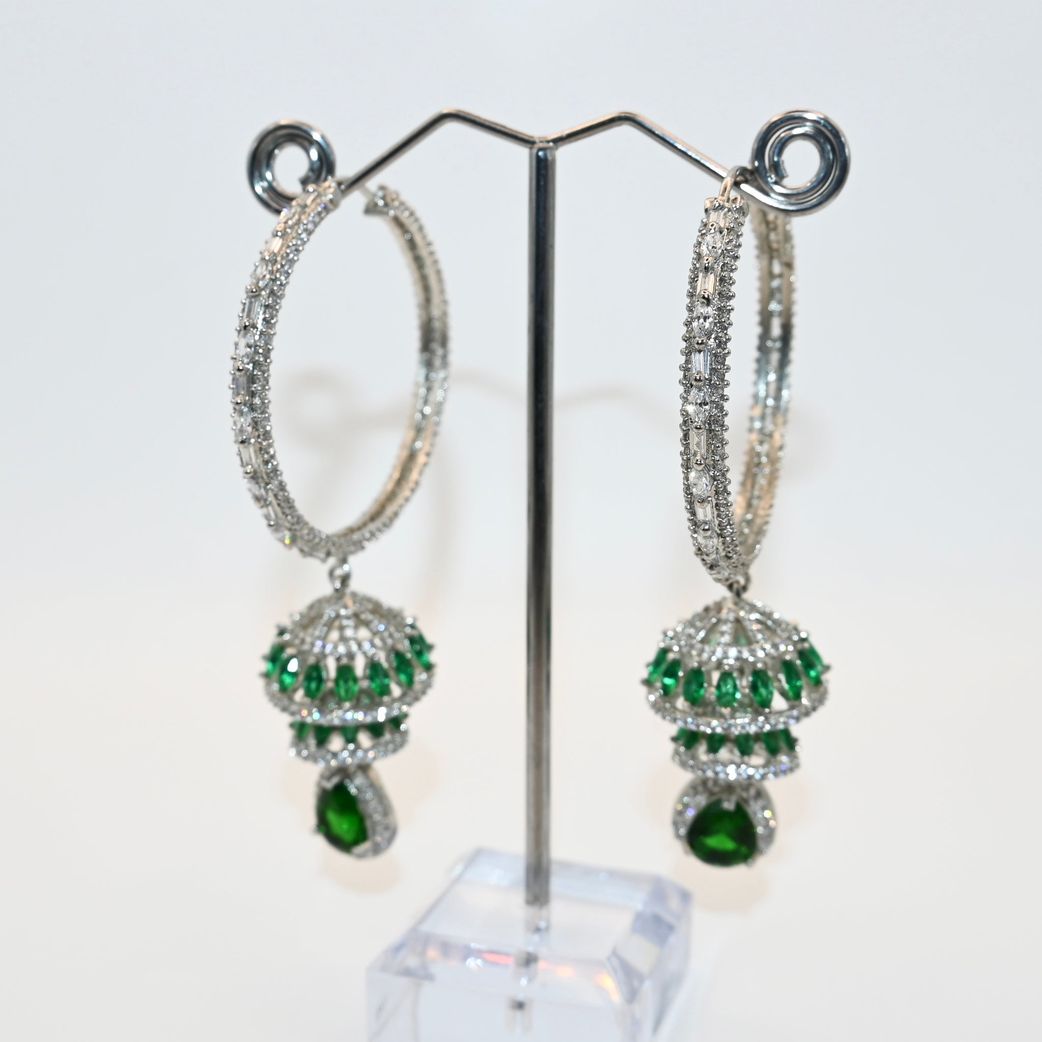 HELENA- cubic zirconia and emerald green jhumka hoop statement earrings