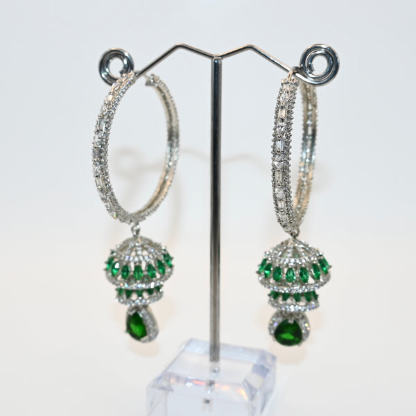 HELENA- cubic zirconia and emerald green jhumka hoop statement earrings