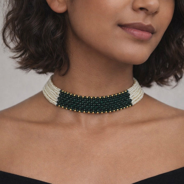 Rushab- choker with ivory and bottle green sparkly beads