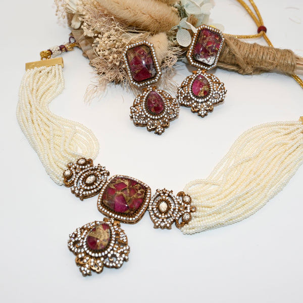 TAHLIA- doublet stone and miniature bead choker and earring set