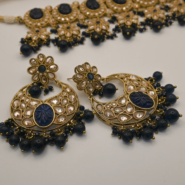 Nargis- navy blue 3 piece polki necklace set