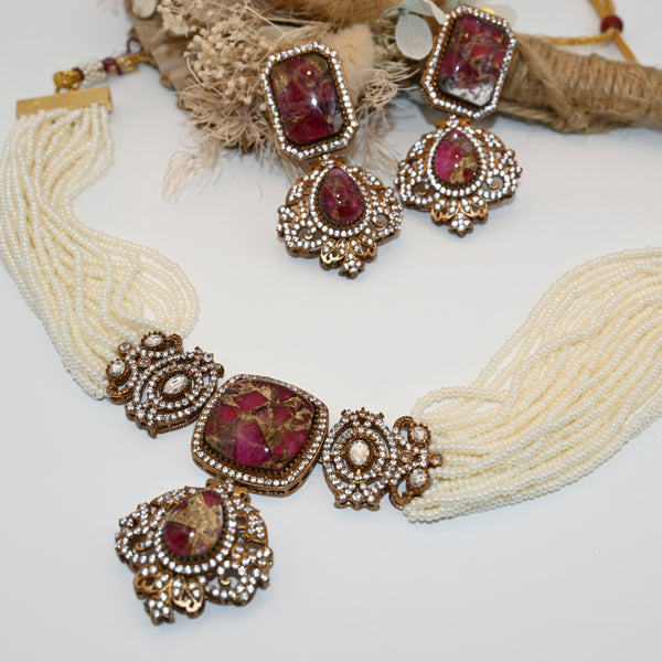 TAHLIA- doublet stone and miniature bead choker and earring set