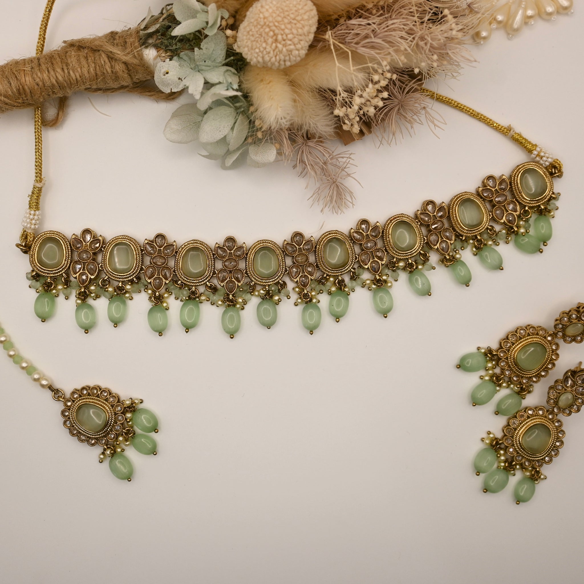 Vira- mint green choker set with earrings and mang tika