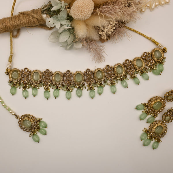 Vira- mint green choker set with earrings and mang tika