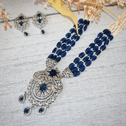 JAHAAN ~ CZ and semi precious stone necklace set in Navy blue