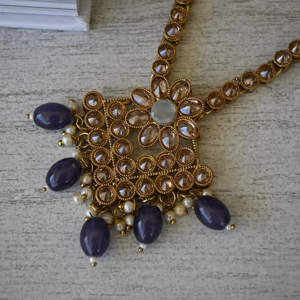 AIYANA ~ Long AD stone necklace with earrings in purple and antique gold