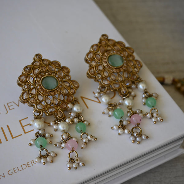 AMRUT ~ mint green and pastel pink AD gem necklace set