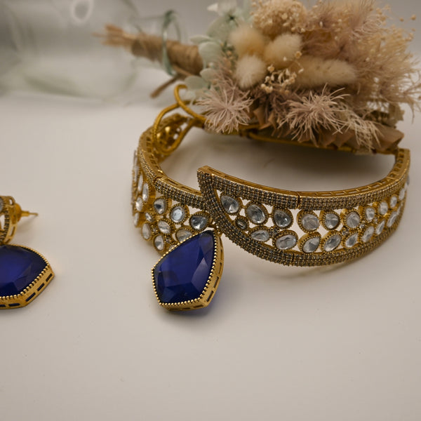 Amira- Moissanite kundan and navy blue stone choker with earrings