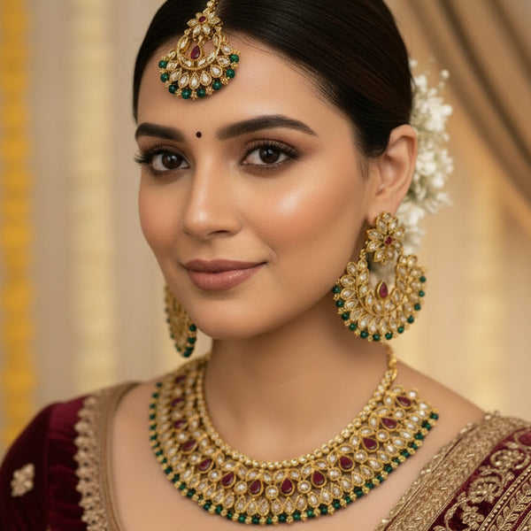 NAJLA- polki stone necklace earrings and mangtika set with maroon and green details