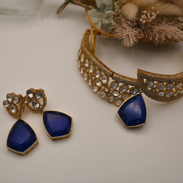 Amira- Moissanite kundan and navy blue stone choker with earrings