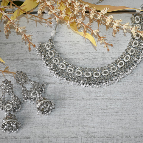 ARMANI ~ AD set in silver with long jhumka earrings and mangtika