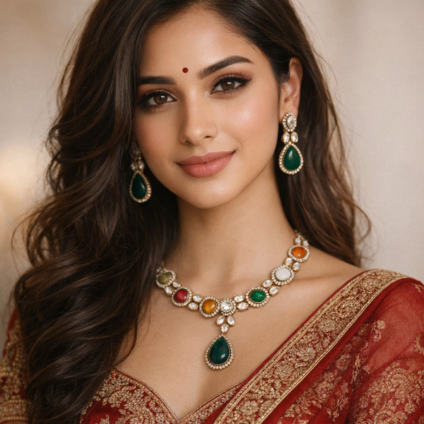 Lovena- multicoloured stone and kundan necklace and earrings set