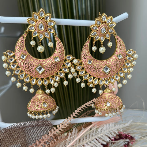 GEETHA ~ Large kundan and Meenakari earrings in peach