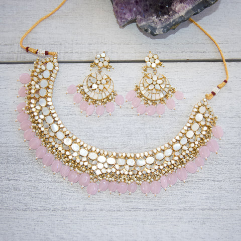 ISHIKA ~ Real mother of pearl necklace set in baby pink