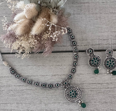 ALENA ~ oxidised silver set with Emerald green detail
